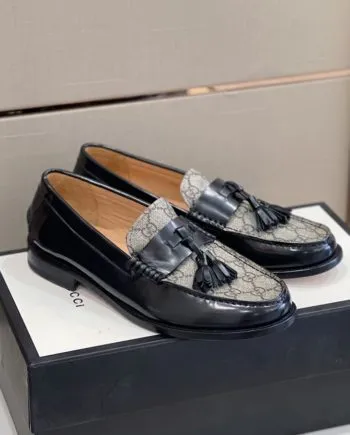 GCI Men's GG Loafers Horsebit With Tassel Black And Beige For Men 673817 17X30 1063