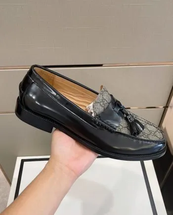 GCI Men's GG Loafers Horsebit With Tassel Black And Beige For Men 673817 17X30 1063