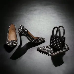 Gifting Combo Pack For Ladies Heels Stud Sandals & Hand Mini Stud Bag in Black Patent leather