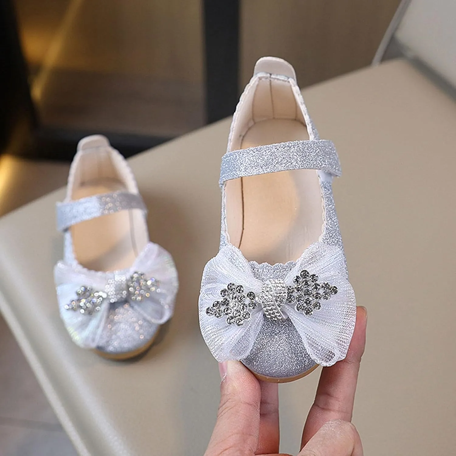 Girls Hook and Loop Shoes Bow Dressy Rhinestone Soft Bottom Shoes for Girl Mary Jane Flat Close Toe Shoe for Little/Big Kids Party,Birthday,Performance,Wedding with Non Slip Rubber Sole