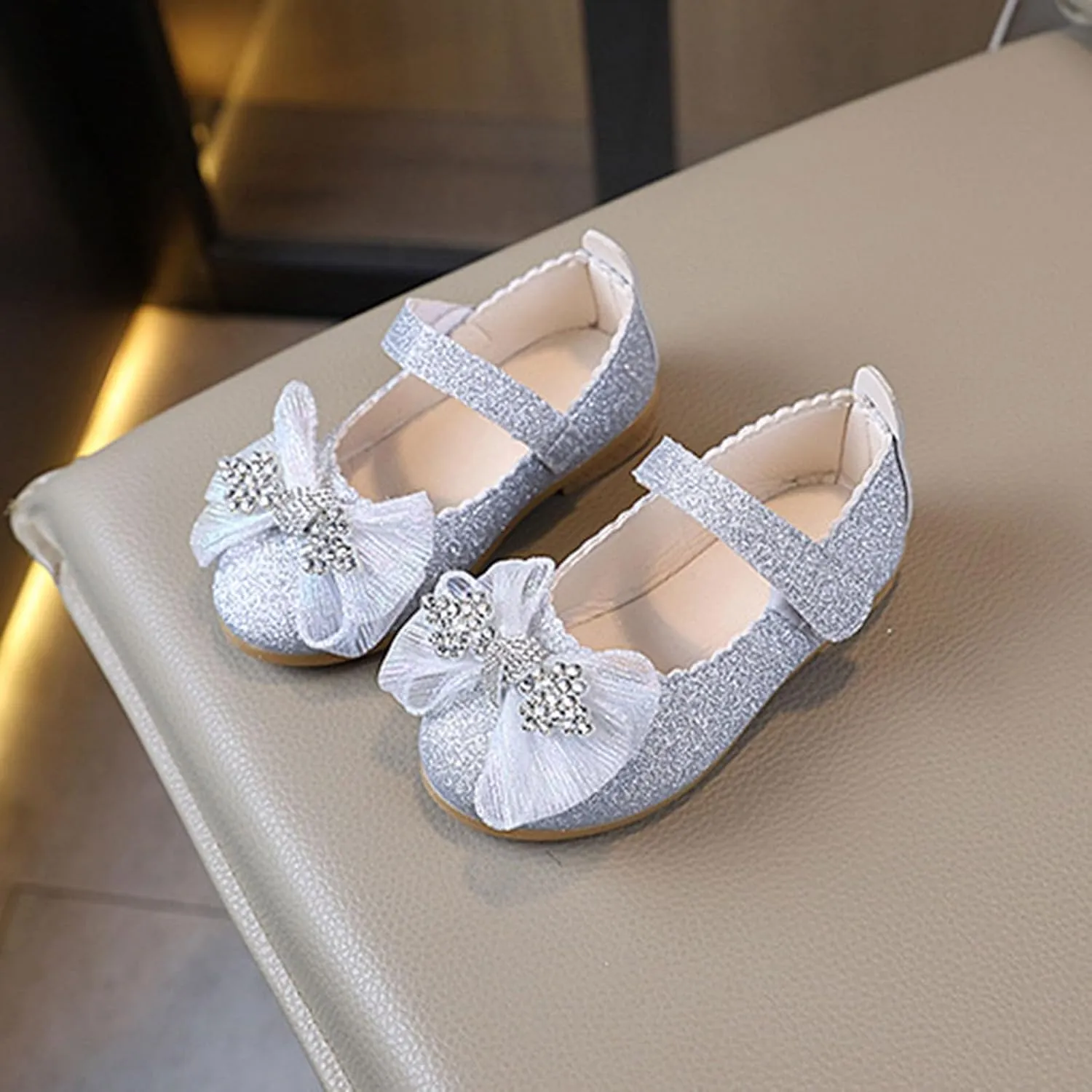Girls Hook and Loop Shoes Bow Dressy Rhinestone Soft Bottom Shoes for Girl Mary Jane Flat Close Toe Shoe for Little/Big Kids Party,Birthday,Performance,Wedding with Non Slip Rubber Sole