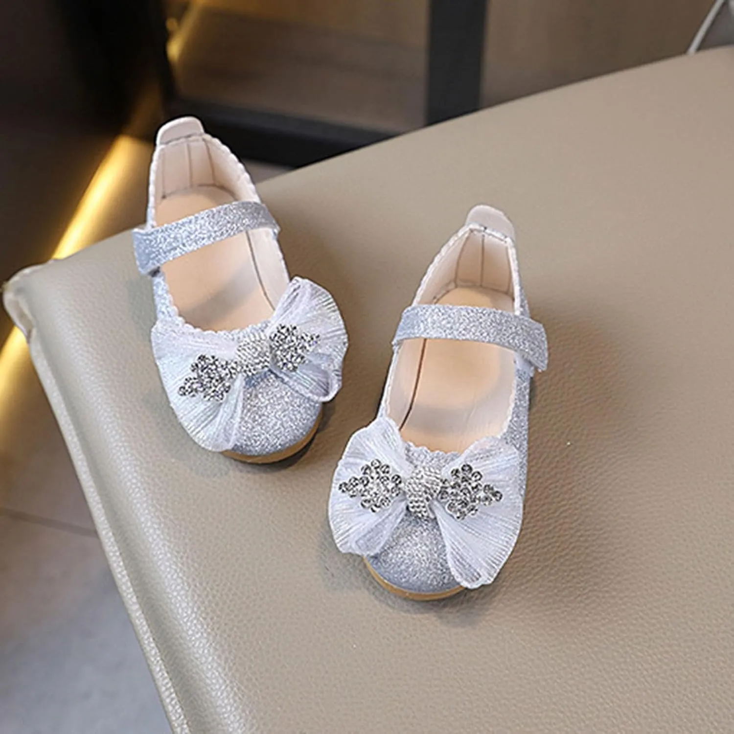 Girls Hook and Loop Shoes Bow Dressy Rhinestone Soft Bottom Shoes for Girl Mary Jane Flat Close Toe Shoe for Little/Big Kids Party,Birthday,Performance,Wedding with Non Slip Rubber Sole