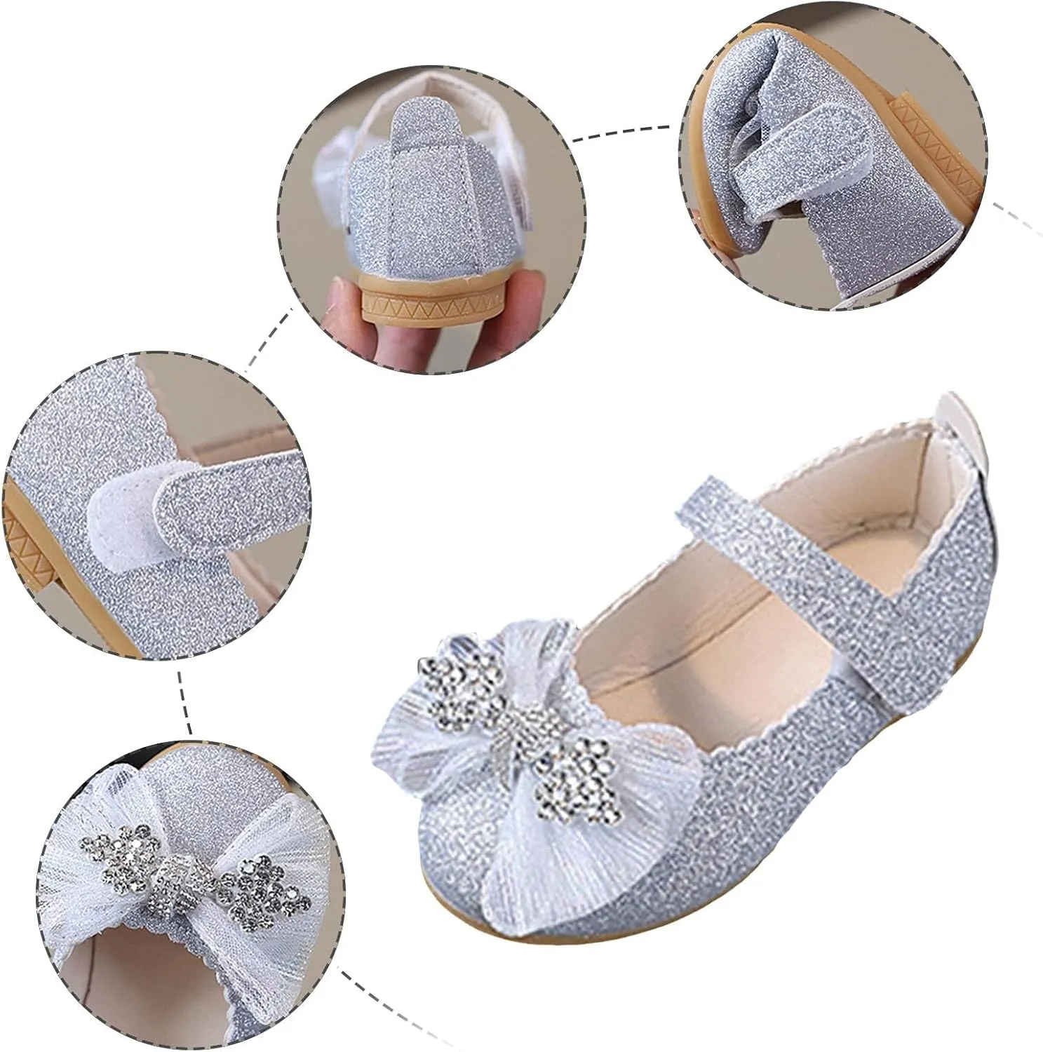 Girls Hook and Loop Shoes Bow Dressy Rhinestone Soft Bottom Shoes for Girl Mary Jane Flat Close Toe Shoe for Little/Big Kids Party,Birthday,Performance,Wedding with Non Slip Rubber Sole
