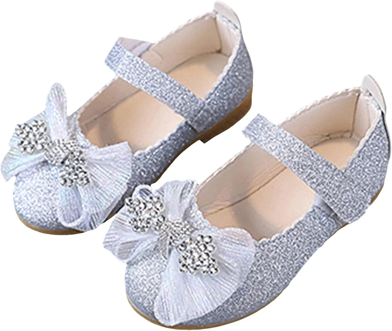Girls Hook and Loop Shoes Bow Dressy Rhinestone Soft Bottom Shoes for Girl Mary Jane Flat Close Toe Shoe for Little/Big Kids Party,Birthday,Performance,Wedding with Non Slip Rubber Sole