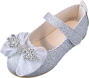 Girls Hook and Loop Shoes Bow Dressy Rhinestone Soft Bottom Shoes for Girl Mary Jane Flat Close Toe Shoe for Little/Big Kids Party,Birthday,Performance,Wedding with Non Slip Rubber Sole