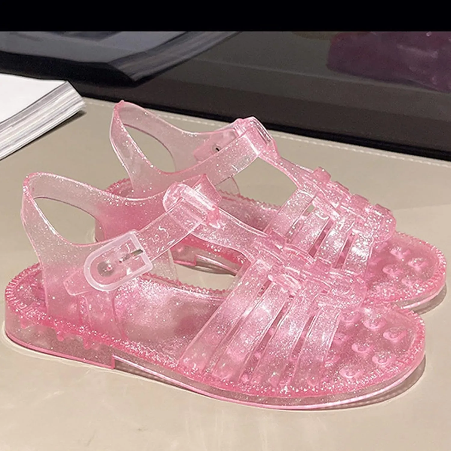 Girls Sandals Jelly Shoes Flats Beige T-Strap Crystal Jellies Slides Clear Rain Slippers Glitter Summer Beach Retro Footwear