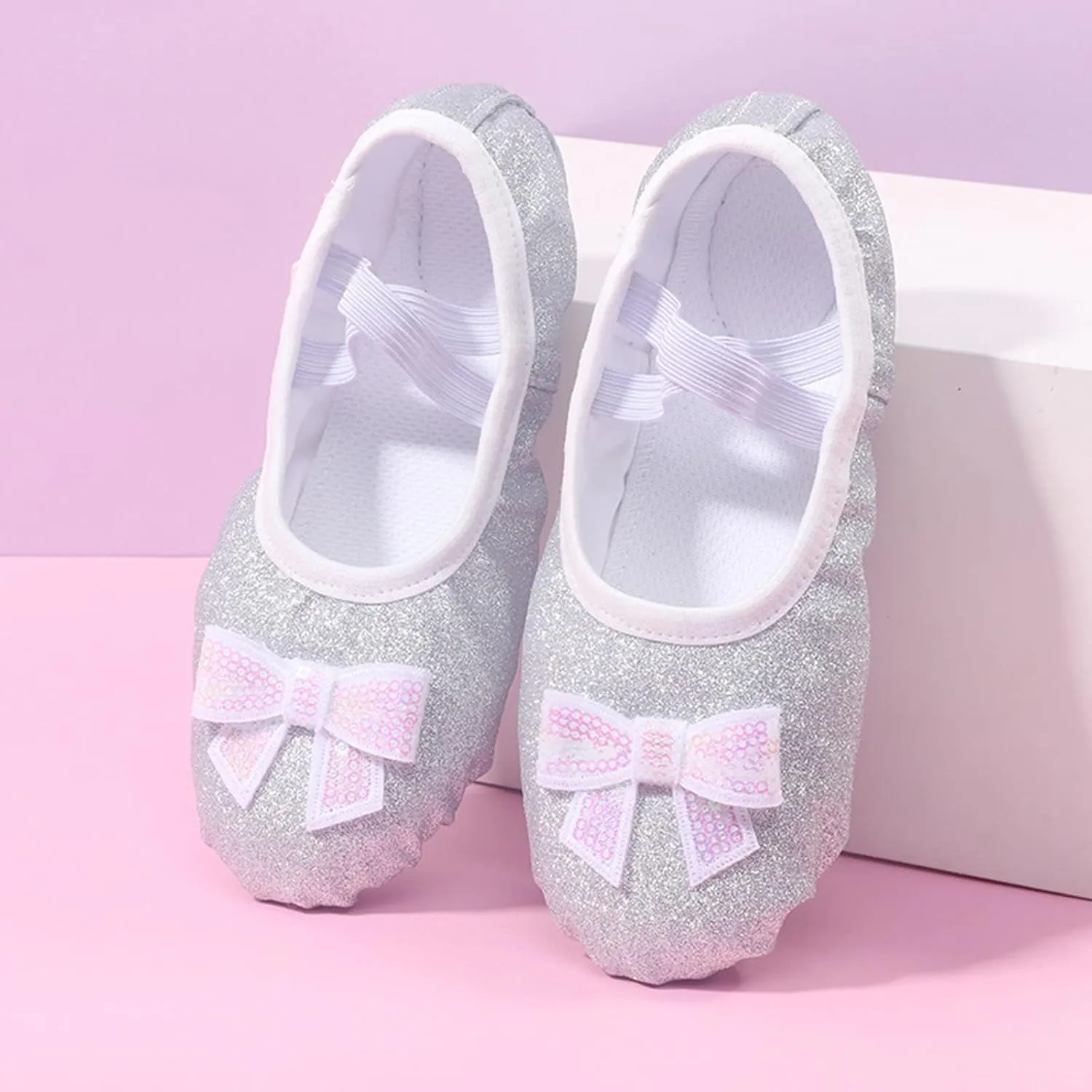 Glitter Ballet Shoes for Girls with Bowknot Metallic Faux Leather Ballet Slippers Practice Dance Shoes for Kids
