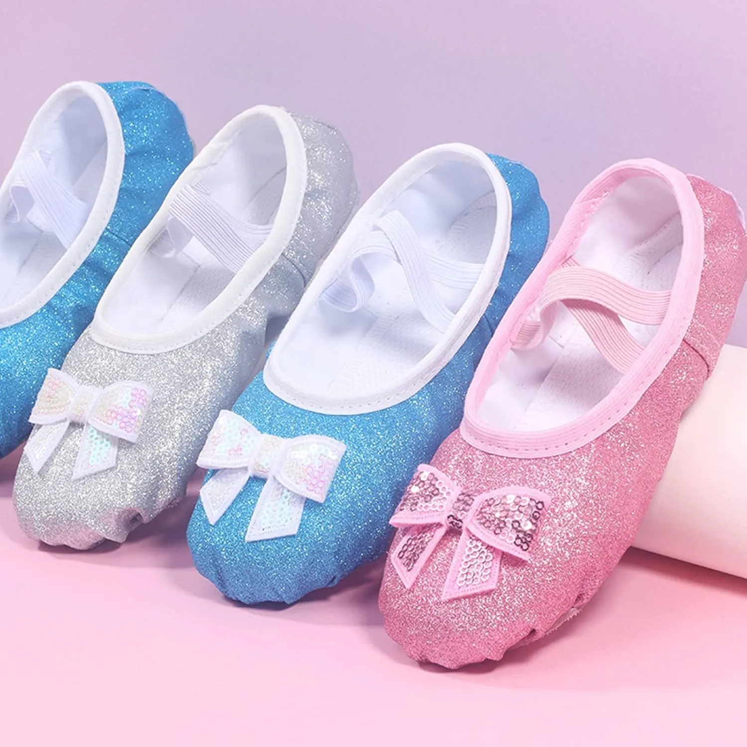 Glitter Ballet Shoes for Girls with Bowknot Metallic Faux Leather Ballet Slippers Practice Dance Shoes for Kids