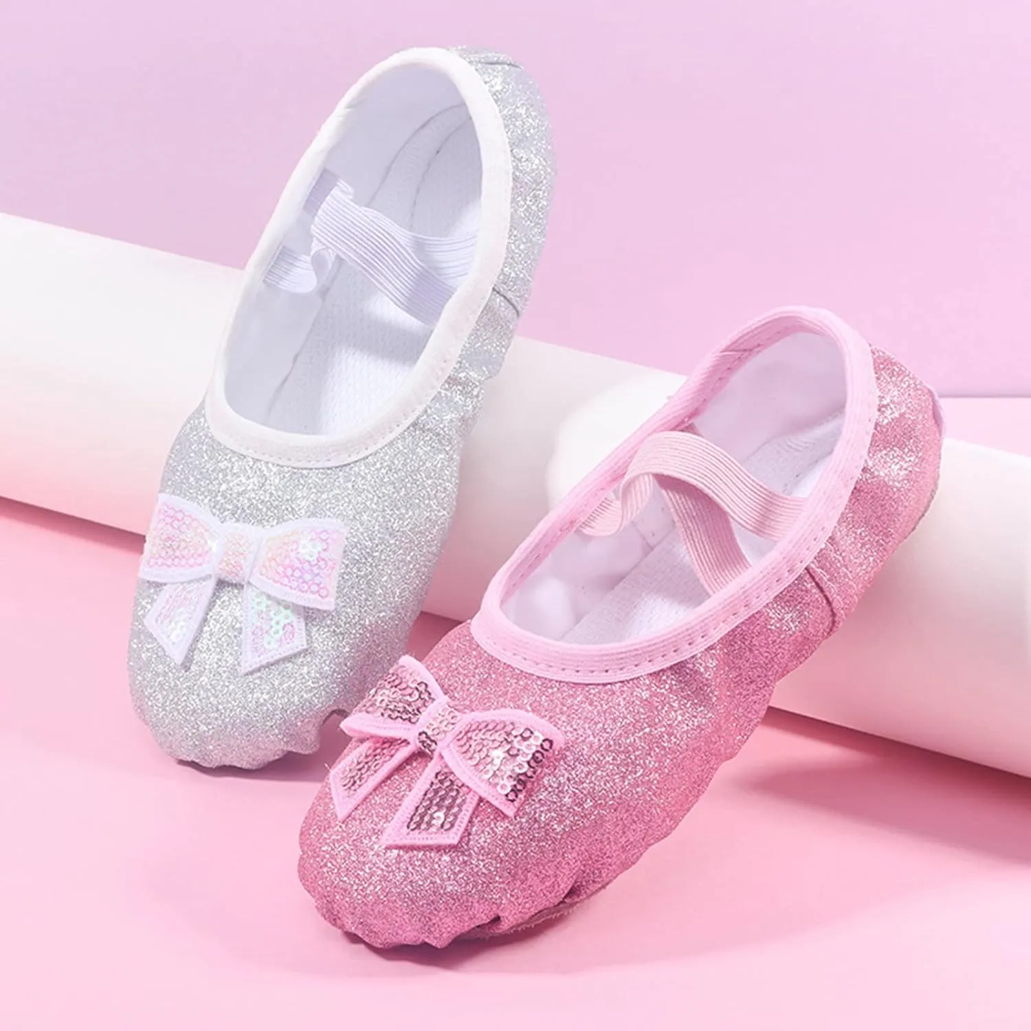 Glitter Ballet Shoes for Girls with Bowknot Metallic Faux Leather Ballet Slippers Practice Dance Shoes for Kids