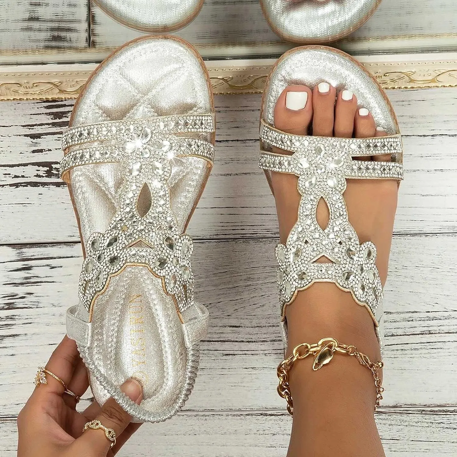Glitter Sandals Women's Summer Elegant Flat Beach Shoes Girls Summer Shoes Women Comfortable Soft Wide Foot Bohemian Sandals for Women
