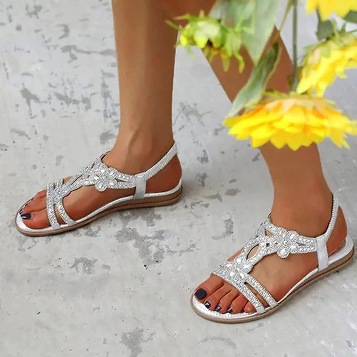 Glitter Sandals Women's Summer Elegant Flat Beach Shoes Girls Summer Shoes Women Comfortable Soft Wide Foot Bohemian Sandals for Women