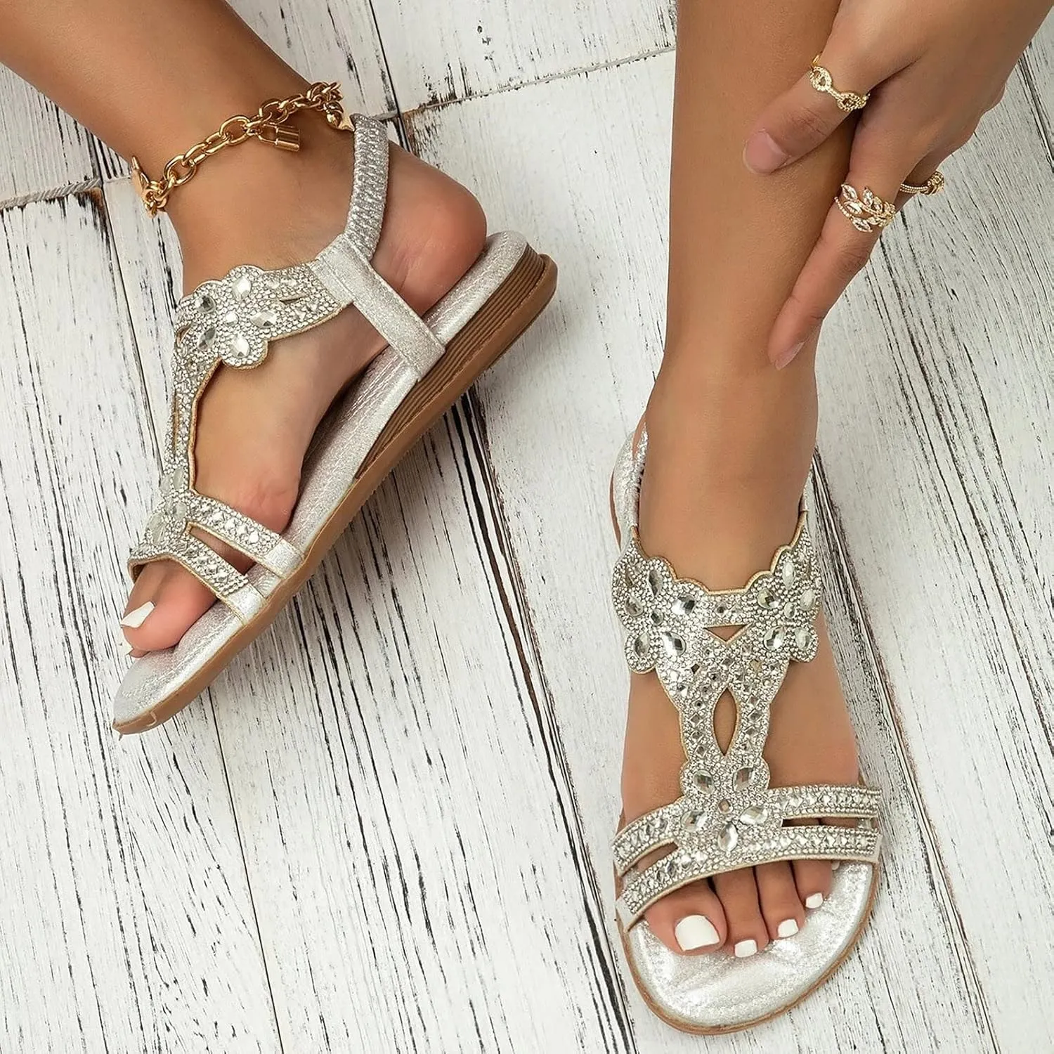 Glitter Sandals Women's Summer Elegant Flat Beach Shoes Girls Summer Shoes Women Comfortable Soft Wide Foot Bohemian Sandals for Women