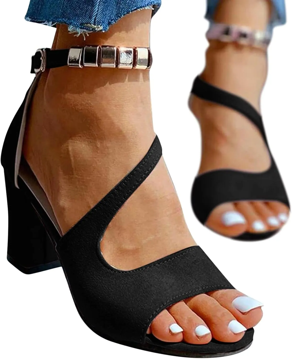 Gold Summer Sandals Women's Sandals Leather Fashion High-Heeled With Glittering Heeled Sandals for Women Closed Toe