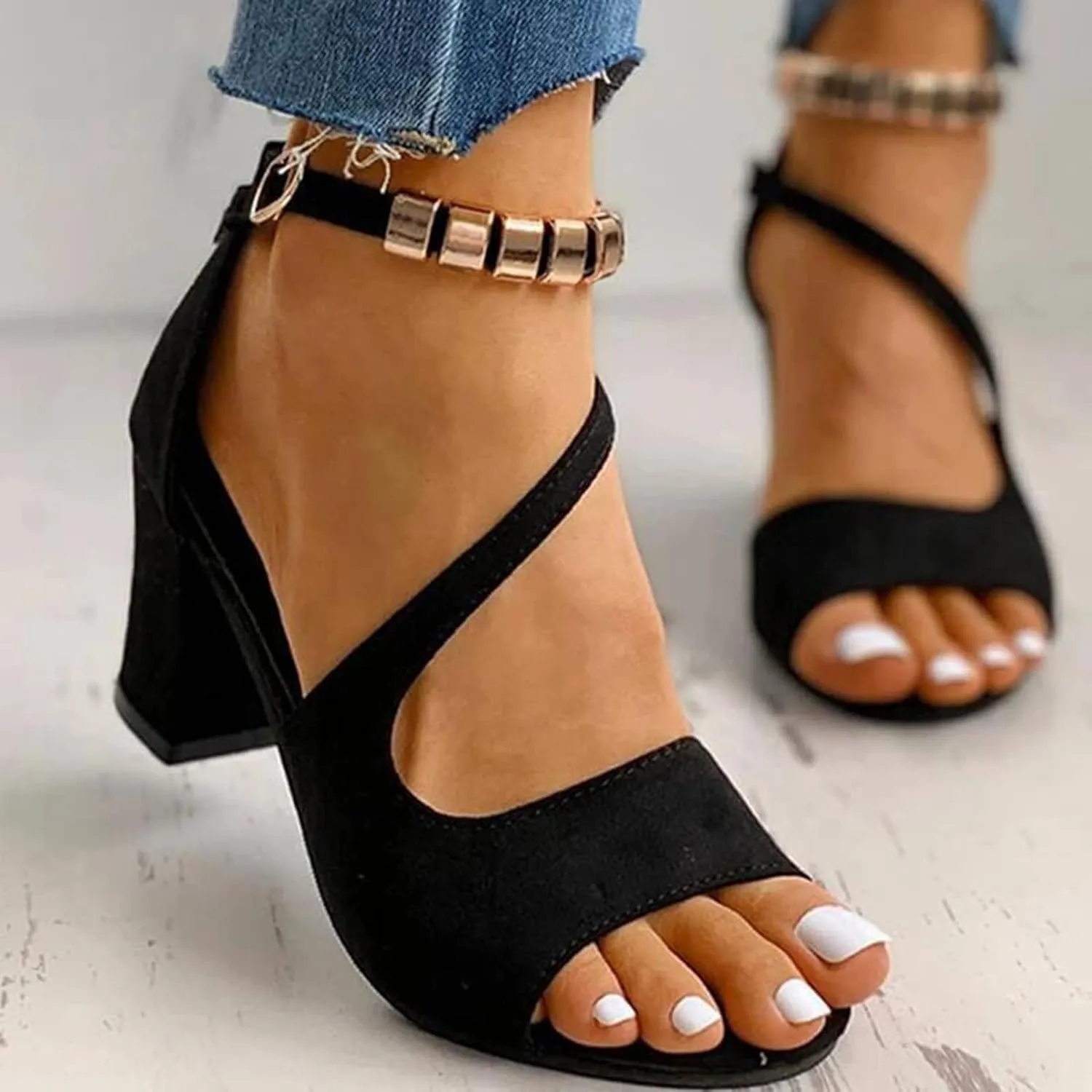 Gold Summer Sandals Women's Sandals Leather Fashion High-Heeled With Glittering Heeled Sandals for Women Closed Toe