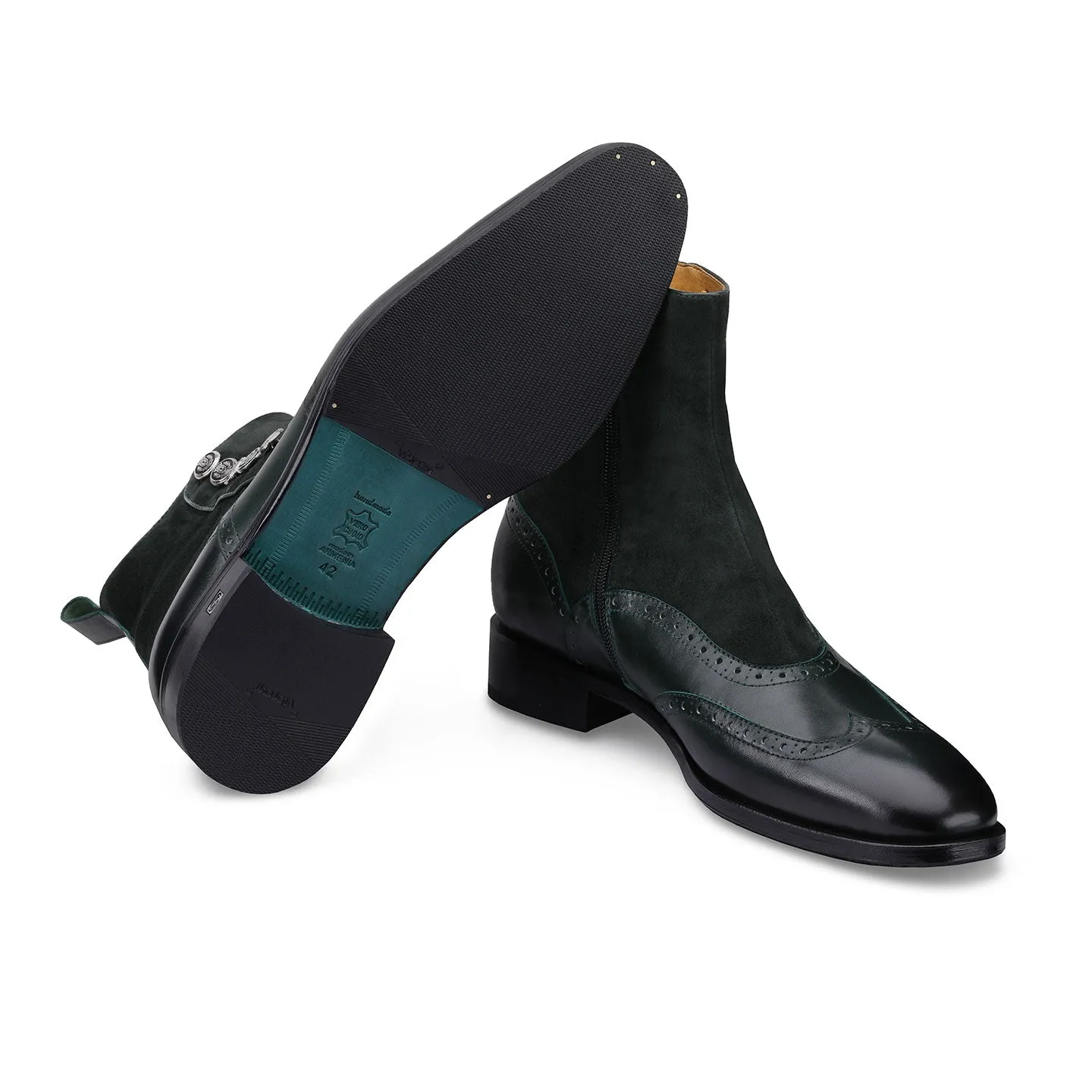 Green Suede & Leather Brogue High-Top Boots