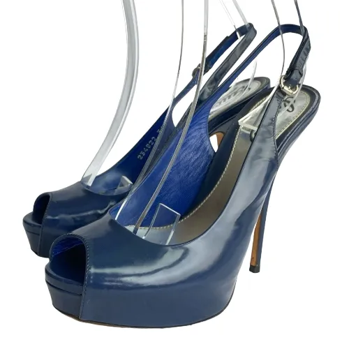 GUCCI Navy Patent Leather Peep Toe Slingback Platform Pumps, Size 36