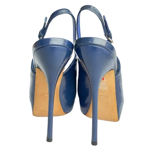 GUCCI Navy Patent Leather Peep Toe Slingback Platform Pumps, Size 36