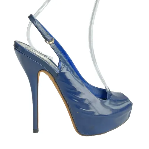 GUCCI Navy Patent Leather Peep Toe Slingback Platform Pumps, Size 36