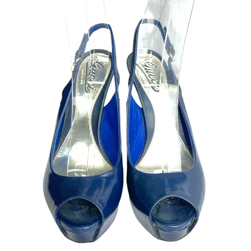 GUCCI Navy Patent Leather Peep Toe Slingback Platform Pumps, Size 36