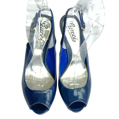 GUCCI Navy Patent Leather Peep Toe Slingback Platform Pumps, Size 36