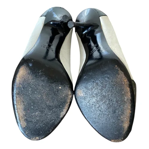 GUCCI White Nubuck Black Patent Peep Toe Pumps, Size 36C