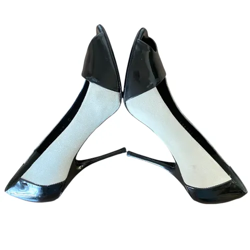 GUCCI White Nubuck Black Patent Peep Toe Pumps, Size 36C
