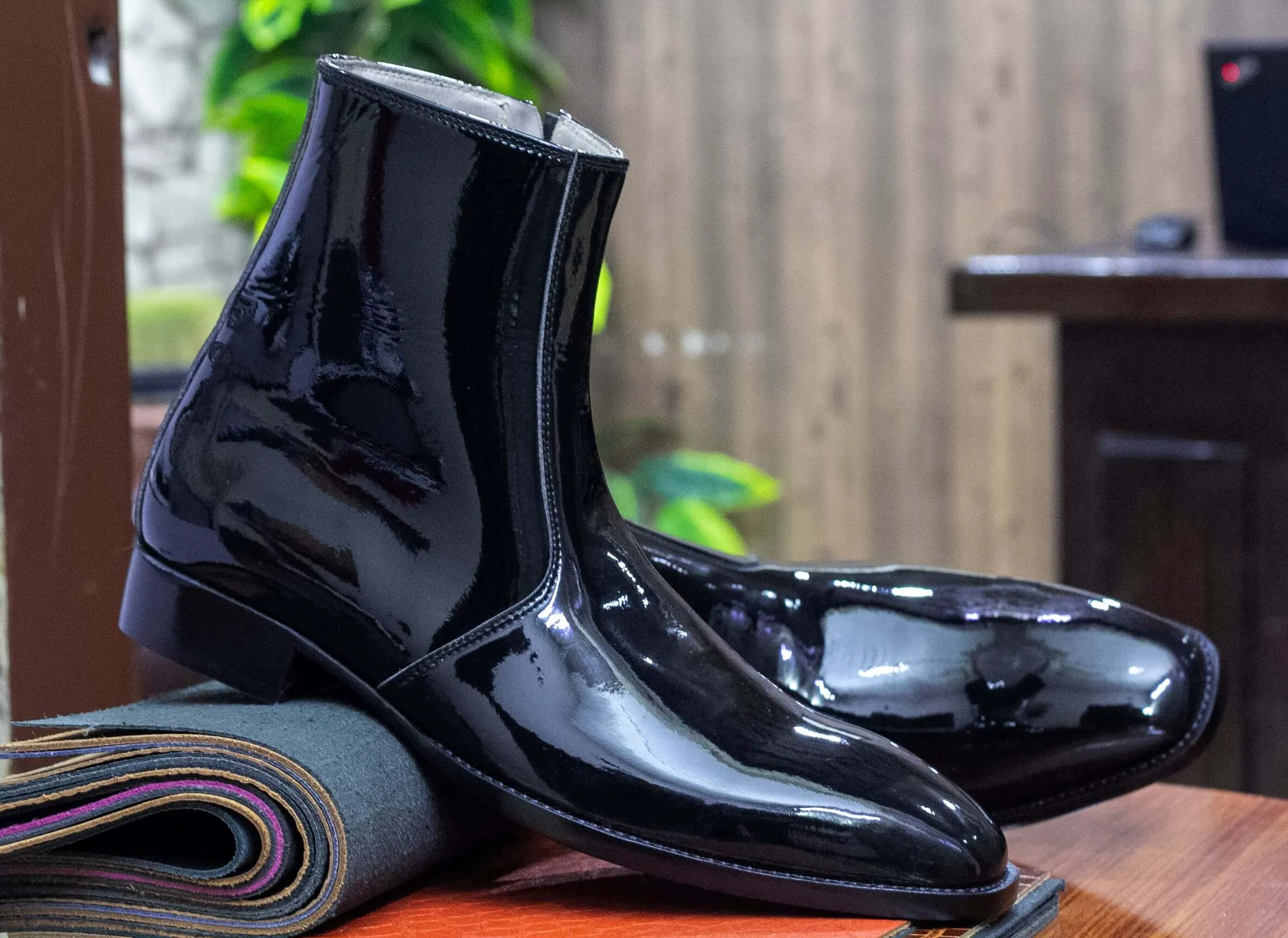 Handmade Black Patent Leather Ankle High Boots For Men's