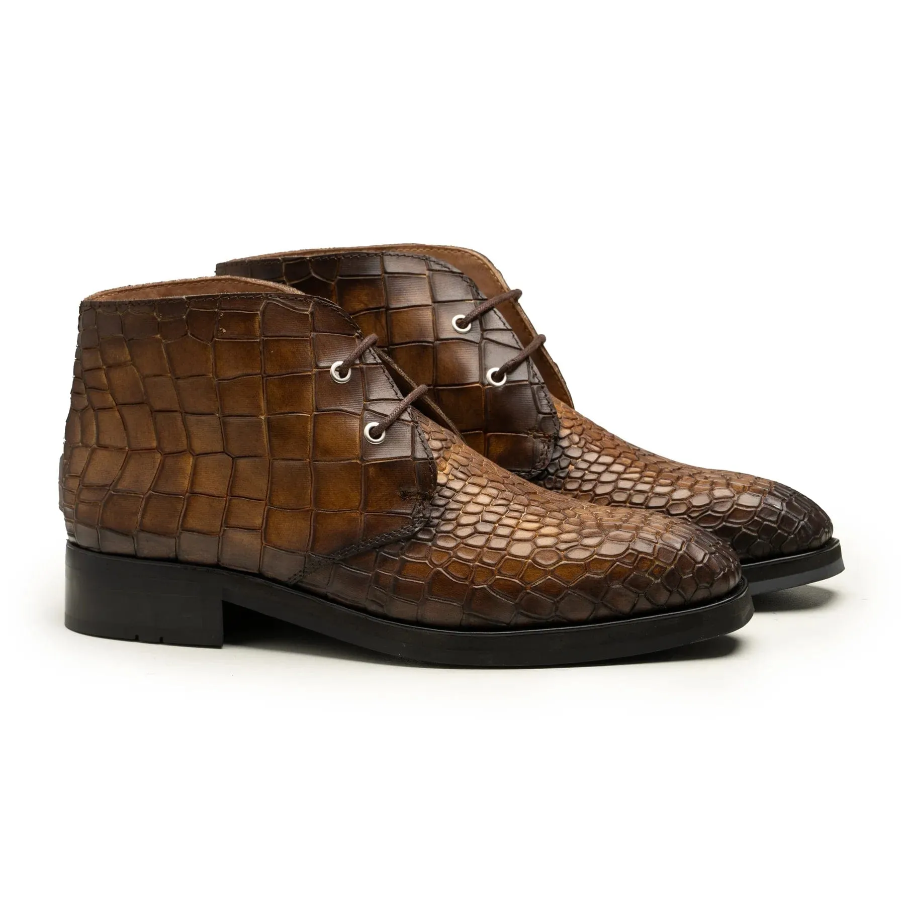 Handmade Custom Crocodile Pattern Calf Leather Chukka Boots