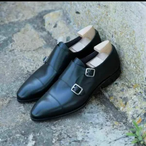 Handmade Men Black Monk Strap Leather Shoes, Formal Monk Strap Dress Shoes