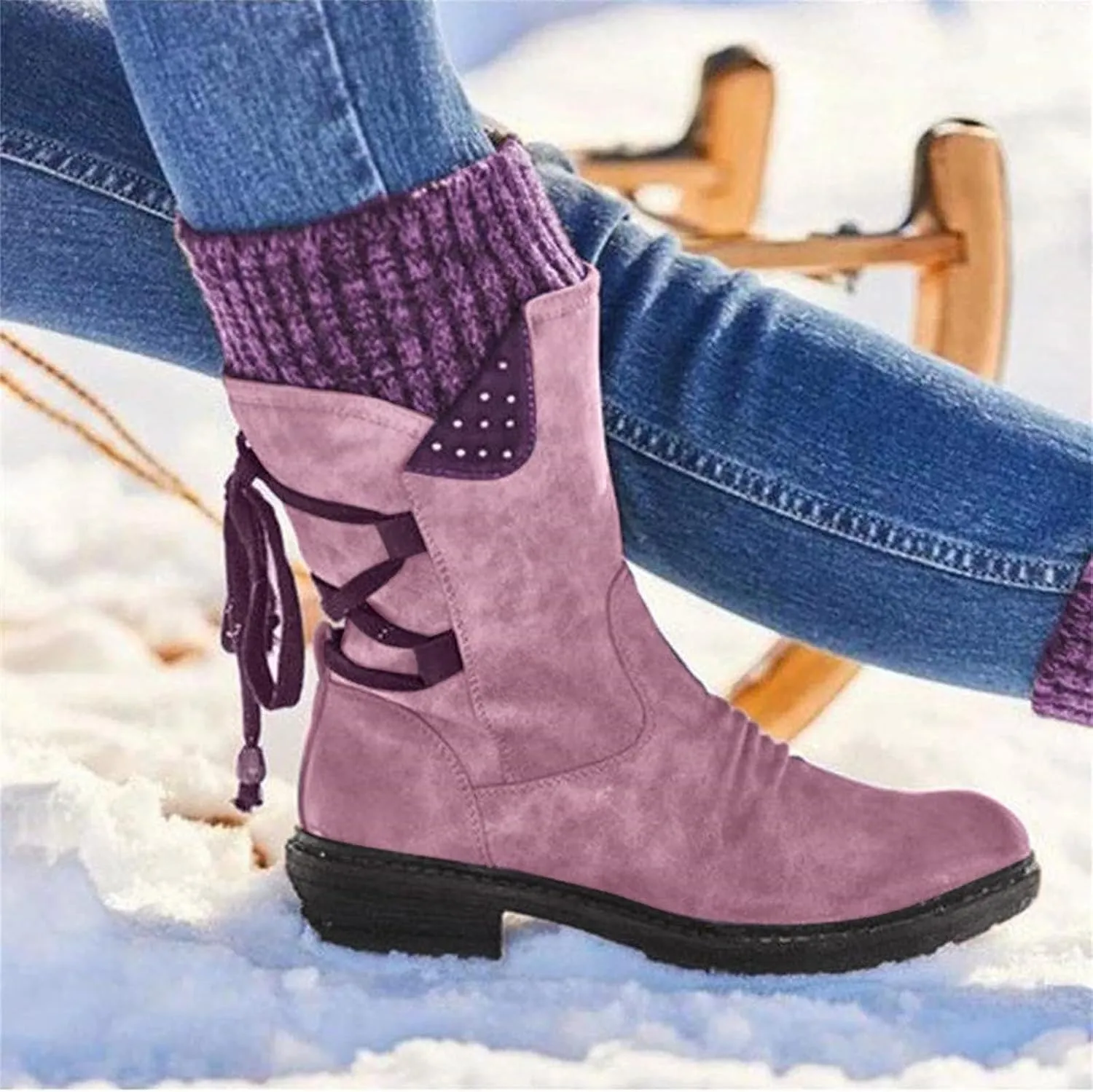 Heccie Boots, Lace up Wide Calf Boots, Boots with Socks Built in Women, Lock Boots, Black Back Lace up Boots