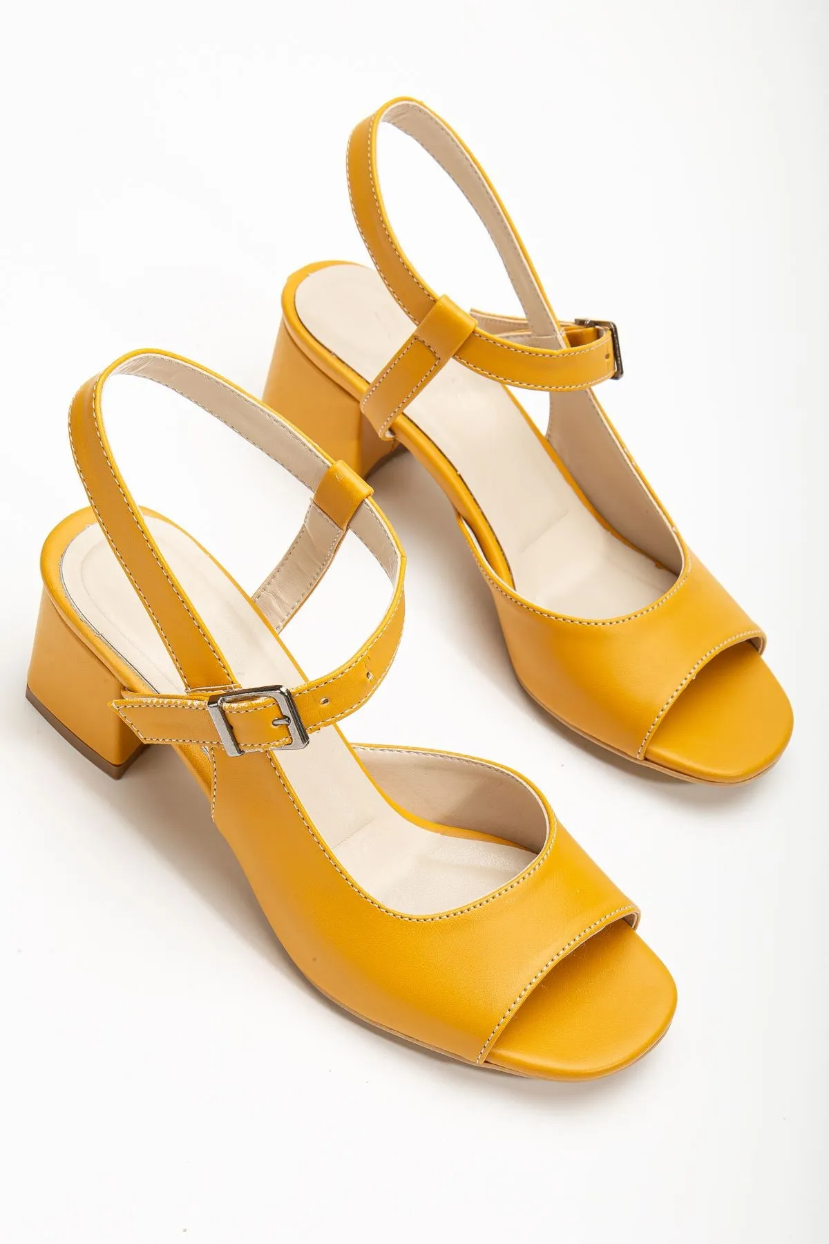 Heeled Mustard Skin Blunt Toe Women's Shoes