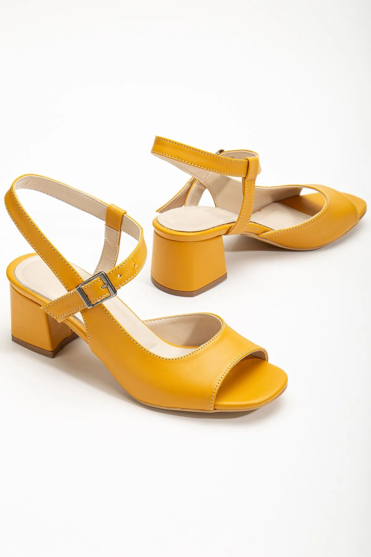 Heeled Mustard Skin Blunt Toe Women's Shoes