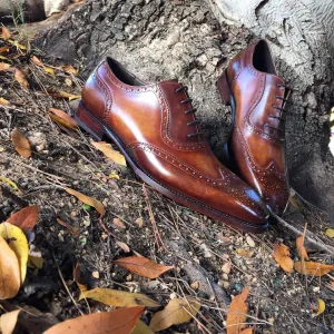 Height Increasing Brown Hand Painted Leather Guarda Brogue Oxfords - Formal Shoes