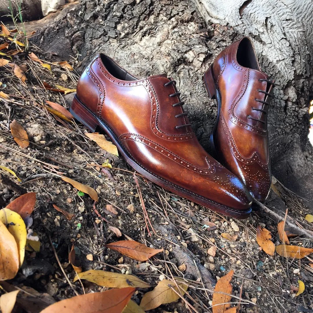 Height Increasing Brown Hand Painted Leather Guarda Brogue Oxfords - Formal Shoes