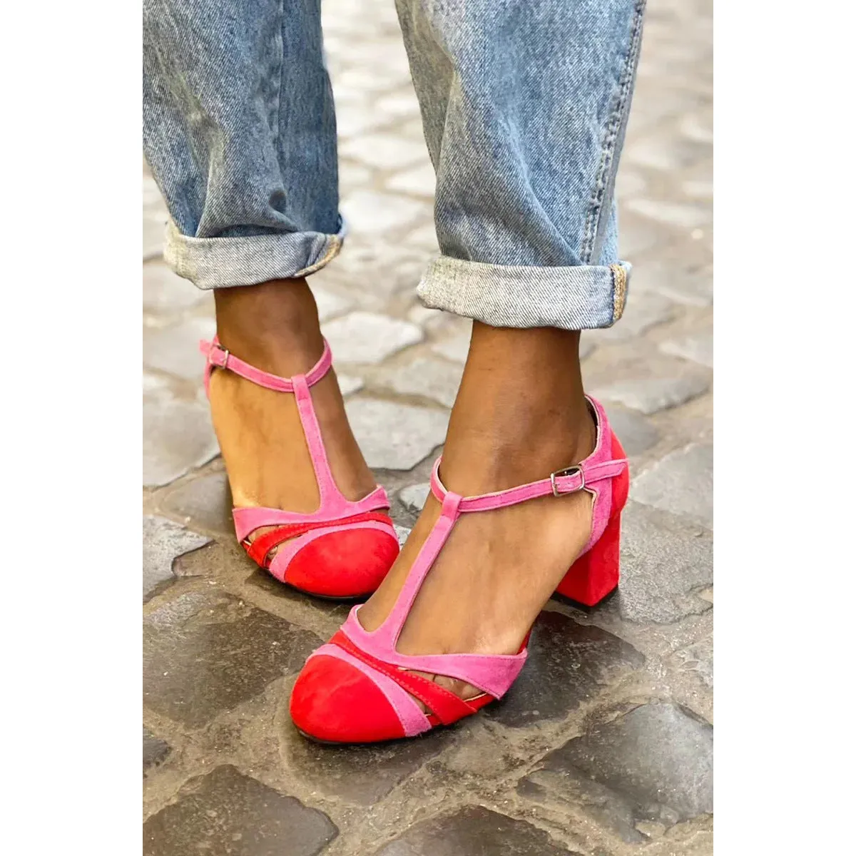 High-Heeled Round Toe Color Matching Hollow T-strap Sandals