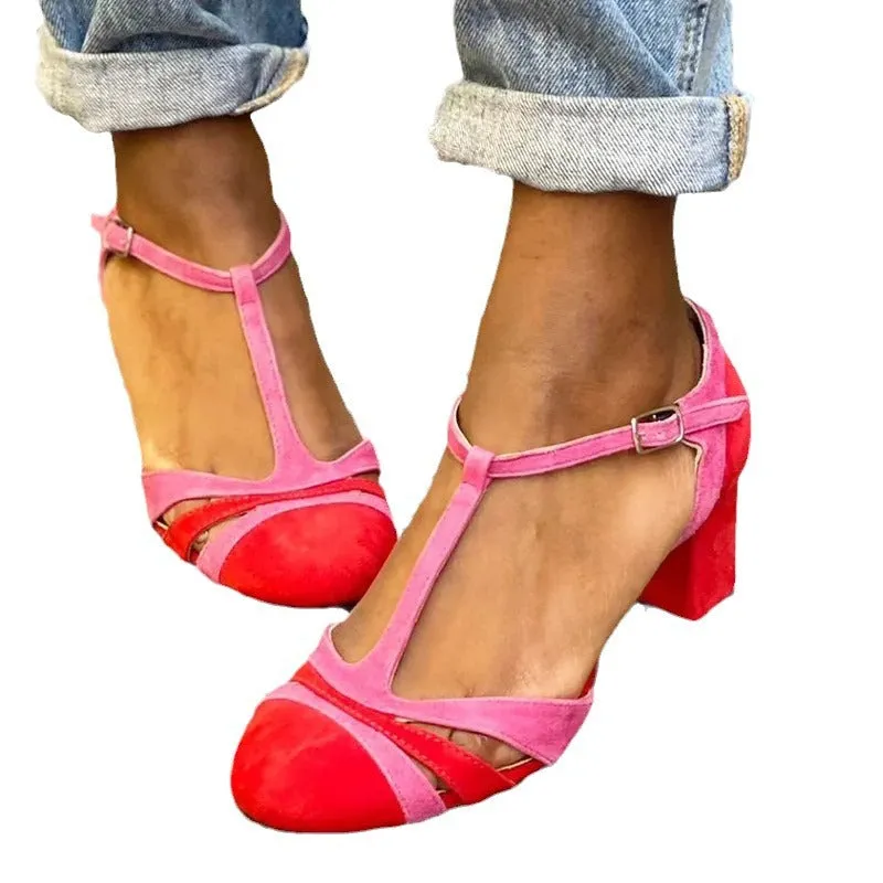 High-Heeled Round Toe Color Matching Hollow T-strap Sandals