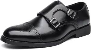 HOOENG Formal Shoes Dress Oxford for Men Slip On Round Burnished Toe Double Monk Strap Vegan Leather Block Heel Slip Resistant Low Top Walking