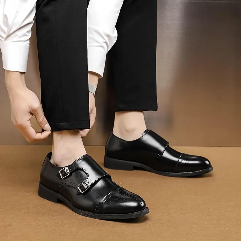 HOOENG Formal Shoes Dress Oxford for Men Slip On Round Burnished Toe Double Monk Strap Vegan Leather Block Heel Slip Resistant Low Top Walking