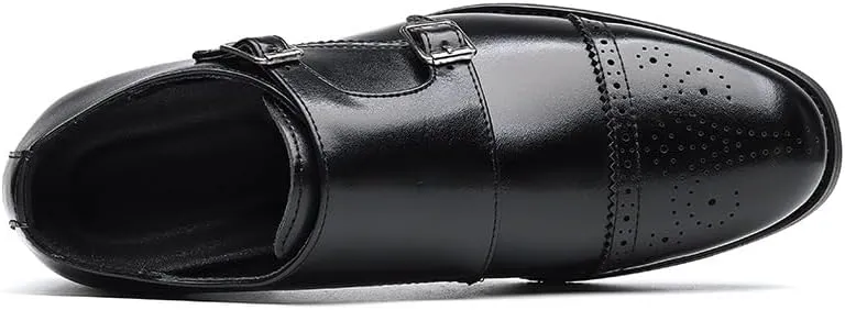 HOOENG Formal Shoes Dress Oxford for Men Slip On Round Burnished Toe Double Monk Strap Vegan Leather Block Heel Slip Resistant Low Top Walking