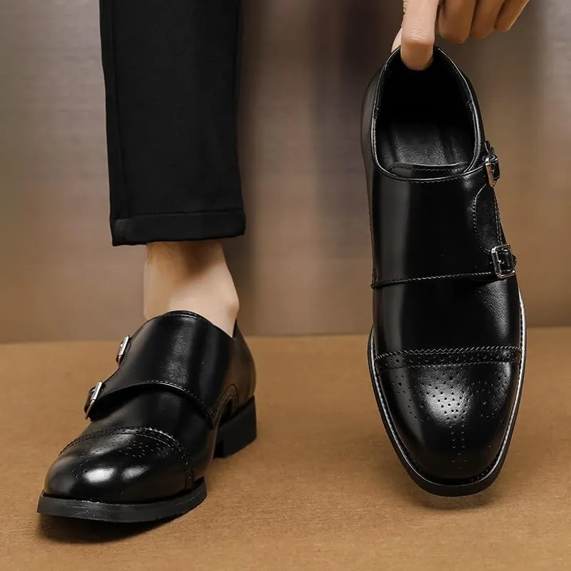 HOOENG Formal Shoes Dress Oxford for Men Slip On Round Burnished Toe Double Monk Strap Vegan Leather Block Heel Slip Resistant Low Top Walking