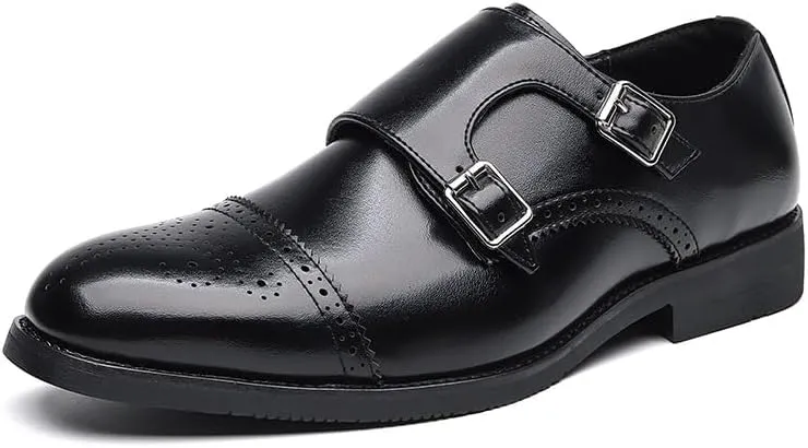 HOOENG Formal Shoes Dress Oxford for Men Slip On Round Burnished Toe Double Monk Strap Vegan Leather Block Heel Slip Resistant Low Top Walking