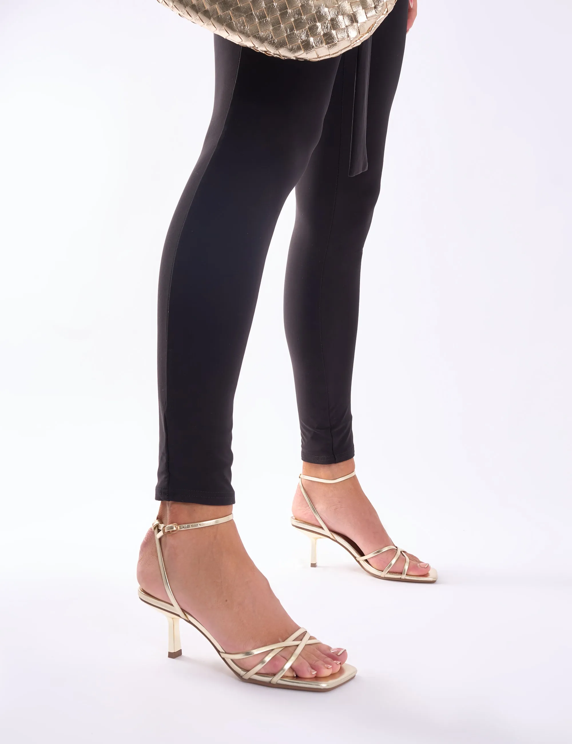 Idina Gold Crossover Strap Slingback Mid Heels