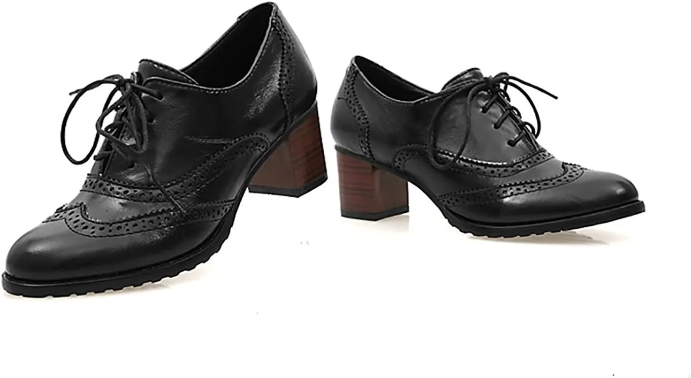 Inornever Brogue Shoe Womens Classic Sweet Mid Heel Lace Up Carving PU Wingtip Oxfords Leather Shoes