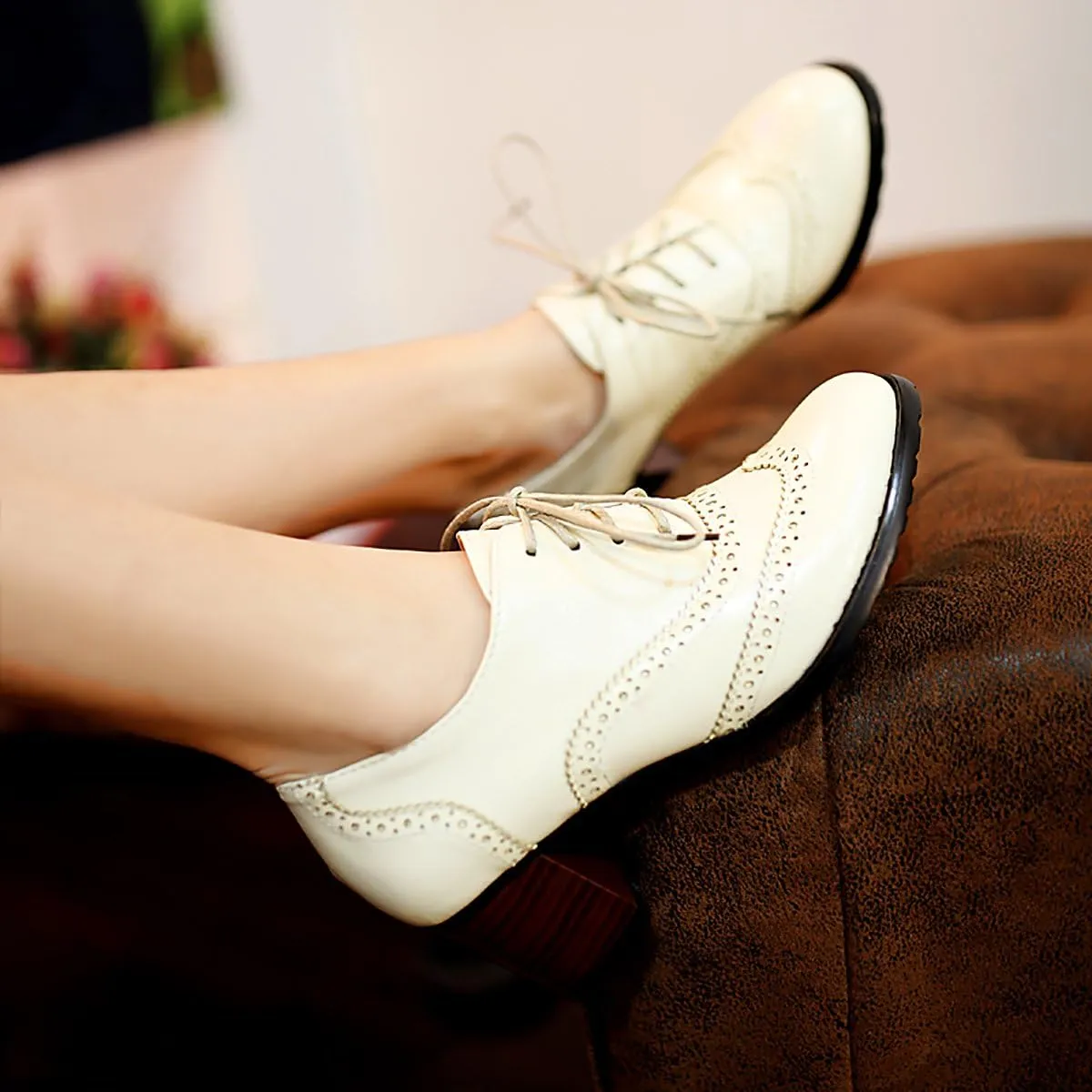 Inornever Brogue Shoe Womens Classic Sweet Mid Heel Lace Up Carving PU Wingtip Oxfords Leather Shoes