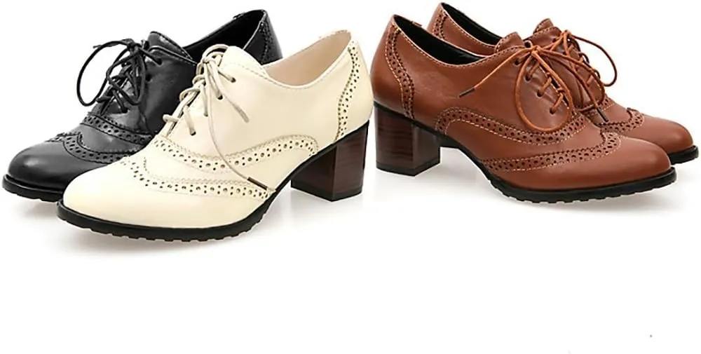 Inornever Brogue Shoe Womens Classic Sweet Mid Heel Lace Up Carving PU Wingtip Oxfords Leather Shoes