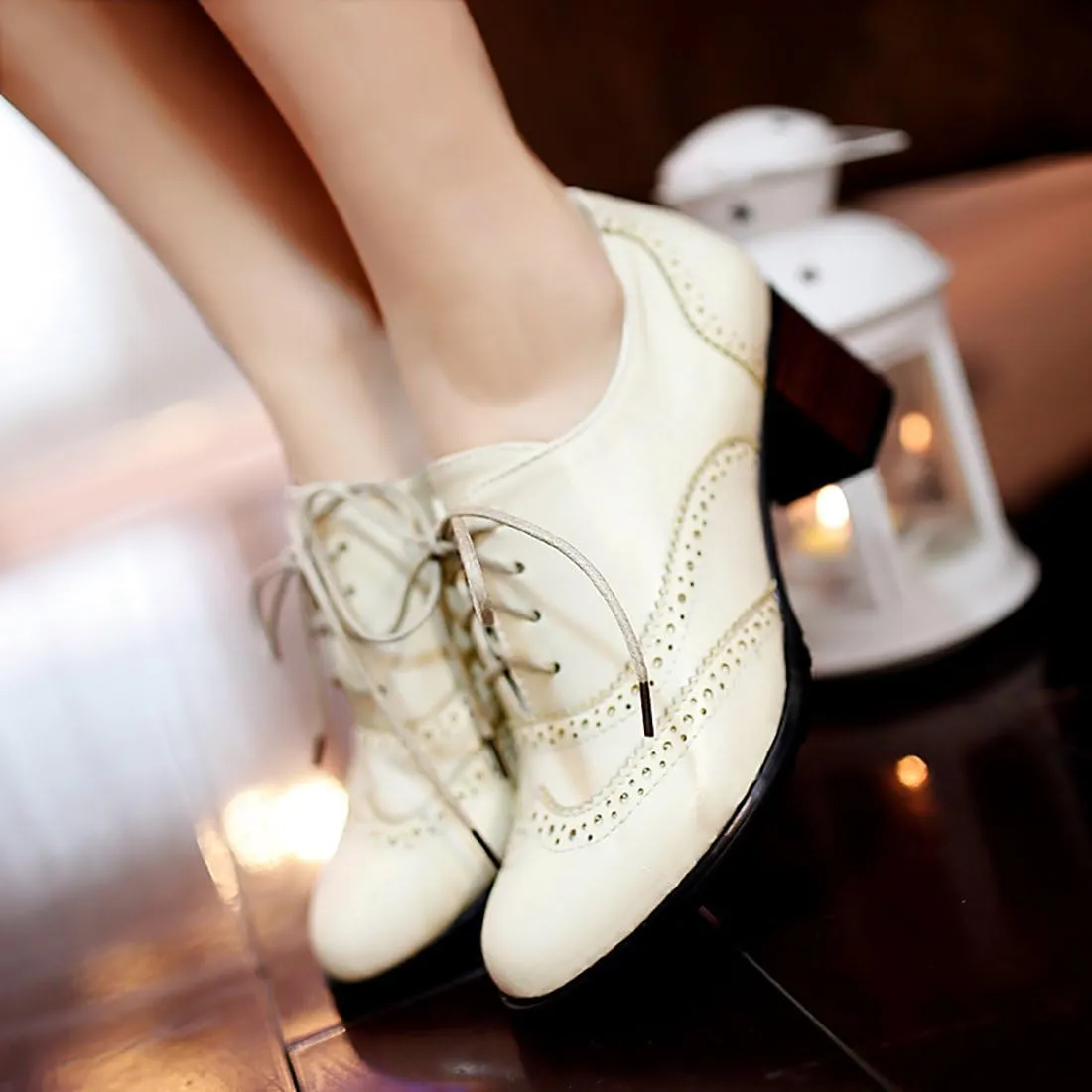 Inornever Brogue Shoe Womens Classic Sweet Mid Heel Lace Up Carving PU Wingtip Oxfords Leather Shoes