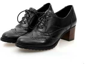 Inornever Brogue Shoe Womens Classic Sweet Mid Heel Lace Up Carving PU Wingtip Oxfords Leather Shoes