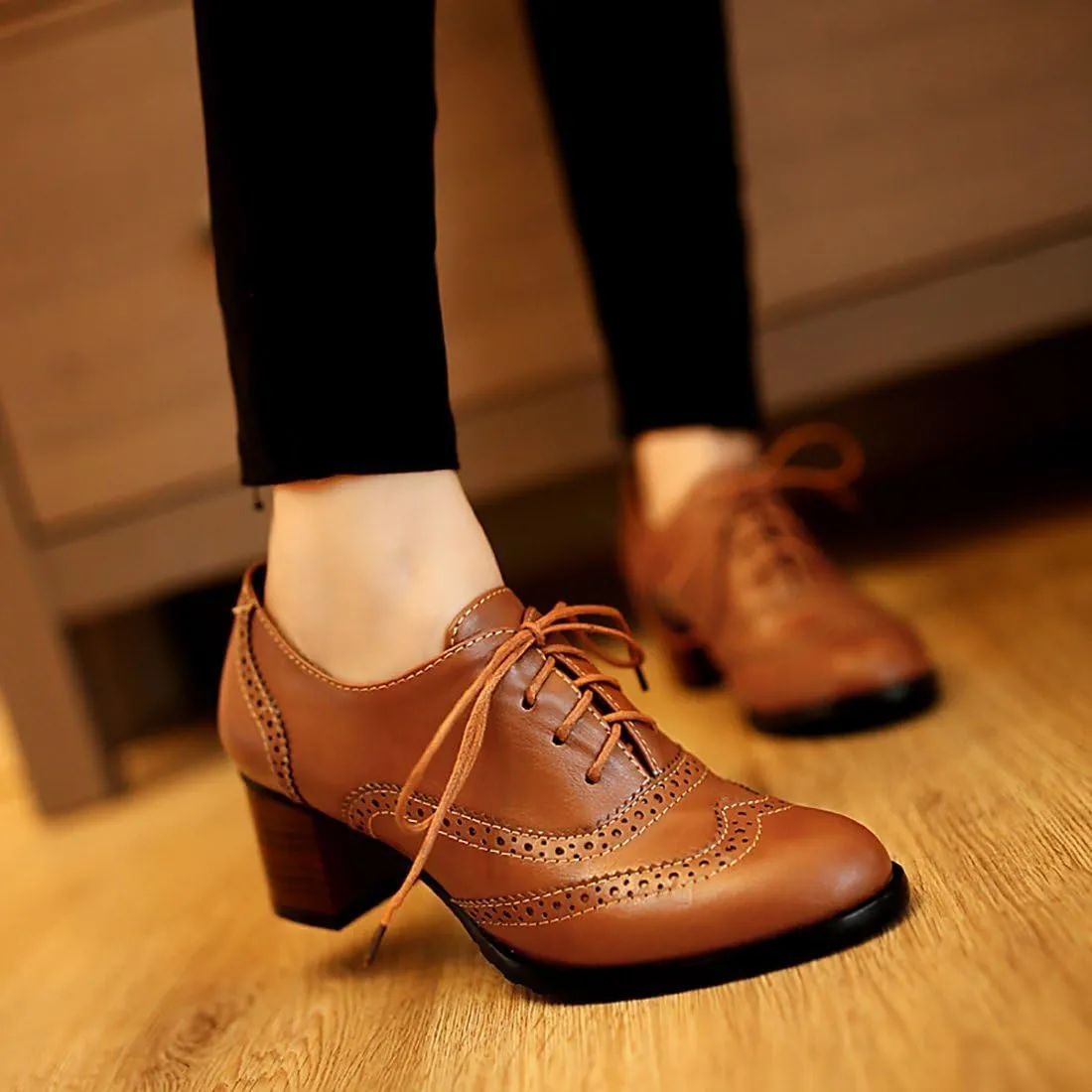 Inornever Brogue Shoe Womens Classic Sweet Mid Heel Lace Up Carving PU Wingtip Oxfords Leather Shoes