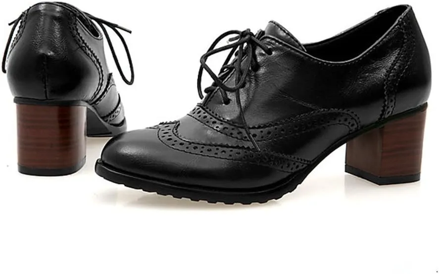 Inornever Brogue Shoe Womens Classic Sweet Mid Heel Lace Up Carving PU Wingtip Oxfords Leather Shoes