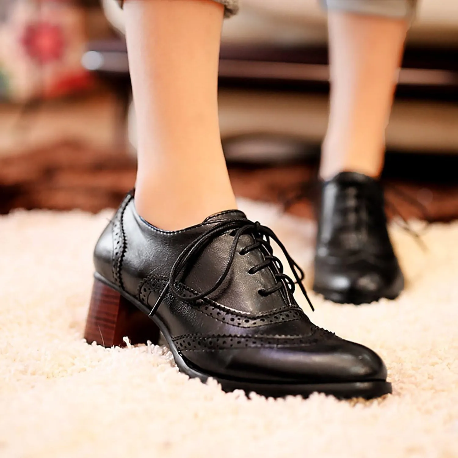 Inornever Brogue Shoe Womens Classic Sweet Mid Heel Lace Up Carving PU Wingtip Oxfords Leather Shoes